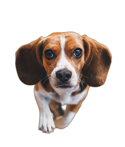 photo of beagle puppy, view from above, isolated on black background, in the style of unsplash photography