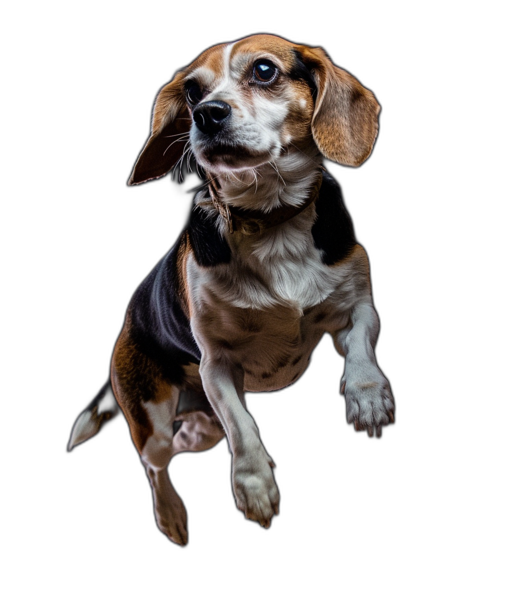 beagle dog jumping in the air, black background, full body portrait, looking at camera, hyper realistic photography