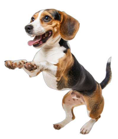 beagle jumping up, happy expression, black background, full body photo, high definition photography, studio shot