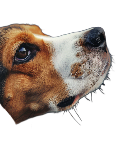 Closeup of the face and nose of an American Foxhound dog, black background, hyper realistic photography