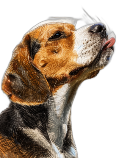 Beagle with tongue out, head tilted up and eyes closed in profile view on black background, airbrushed digital art style, hyper realistic, extreme detail, high resolution, super detailed, beautiful