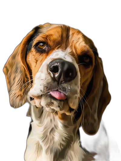 A portrait of an adorable Beagle dog with its tongue out, isolated on black background, airbrush painting, detailed and intricate, high resolution, professional photograph, HDR, hyperrealistic, ultradetailed