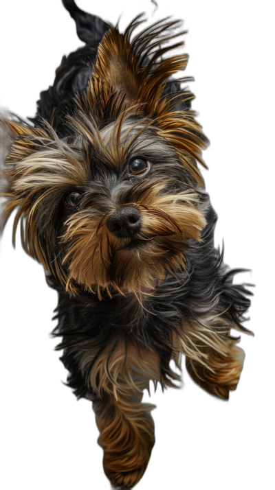 A hyperrealistic digital painting of an adorable Yorkshire Terrier puppy, with detailed fur and soft lighting against black background, capturing the cuteness and playfulness of the dog., focus on face