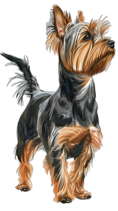 A Yorkshire Terrier standing up, vector illustration in the style of digital painting and drawing with strong brush strokes, in a full body view, on a black background, at a high resolution