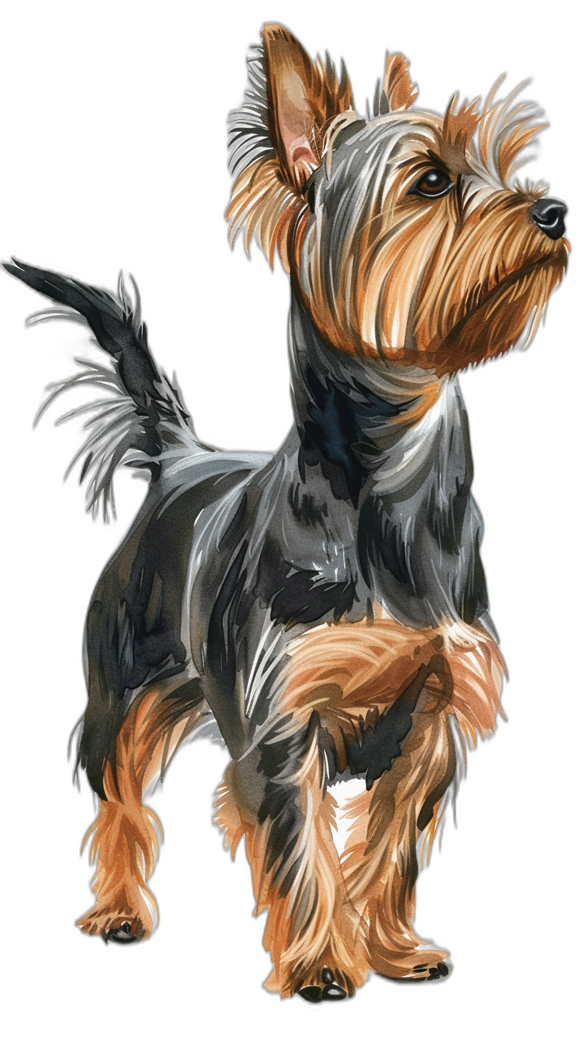 A Yorkshire Terrier standing up, vector illustration in the style of digital painting and drawing with strong brush strokes, in a full body view, on a black background, at a high resolution