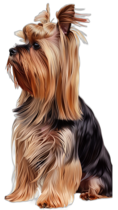 A Yorkshire Terrier sitting on a black background in the style of digital airbrushing, with a realistic and hyperdetailed rendering in the style of caricature as a full body shot at high resolution and with high detail.