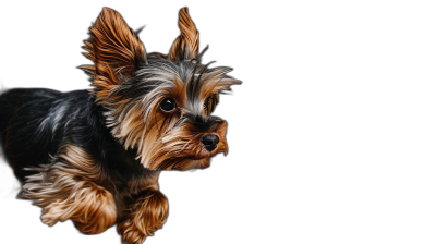 A cute Yorkshire Terrier dog is running, side view with a black background, closeup portrait photography, studio lighting, high definition details, 3D rendering in the style of C4d, 8k.