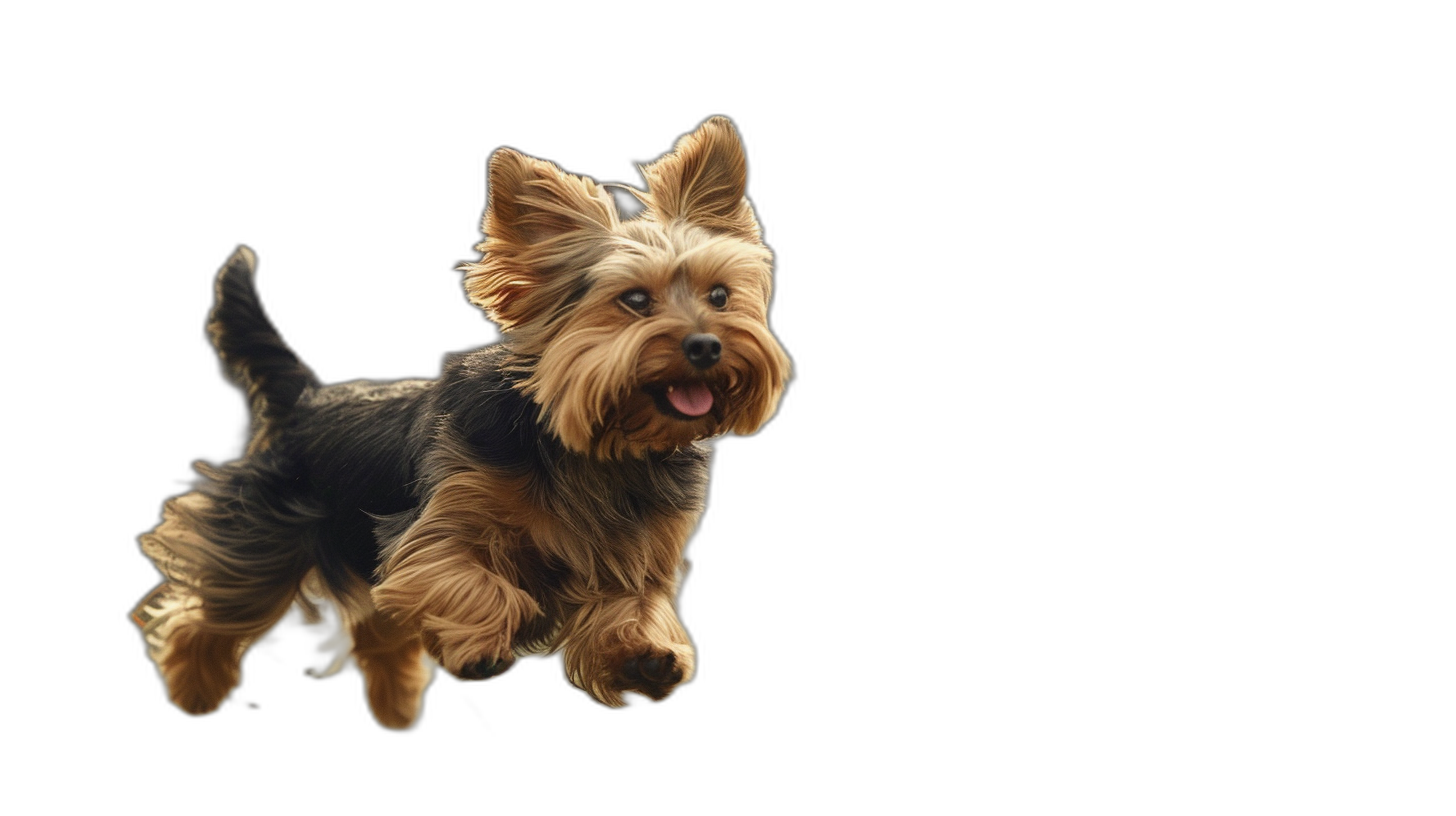 A cute Yorkshire Terrier dog running and jumping, isolated on black background with copy space. Photorealistic photography