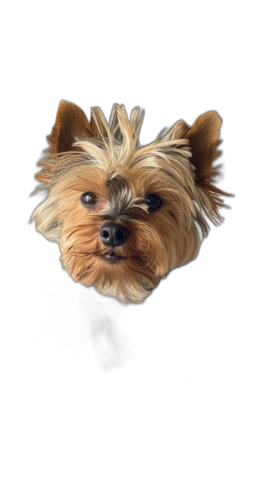 View from above of a cute Yorkshire Terrier head looking up, isolated on a black background, in the style of hyper realistic photography.