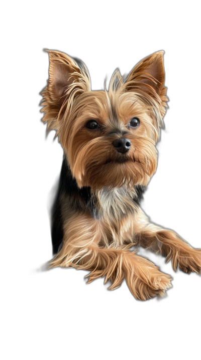 A hyperrealistic photo of a Yorkshire Terrier on a black background in a cute pose, with high definition and high resolution.