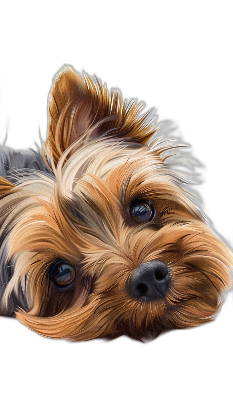 A digital painting of a Yorkshire Terrier looking at the camera in the style of vector art with smooth edges as a vector illustration in a hyper realistic, high resolution style on a black background with high contrast.