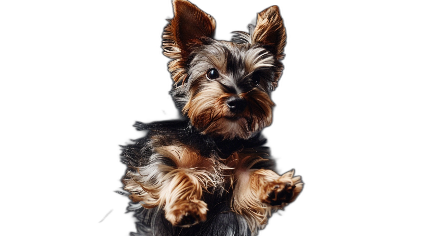 Photorealistic portrait of a Yorkshire Terrier puppy on a black background, in a jumping pose, with high detail photography.