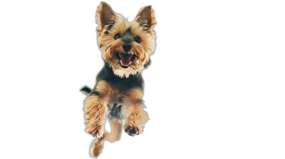 Cute Yorkshire Terrier jumping in the air, solid black background, hyper realistic photography