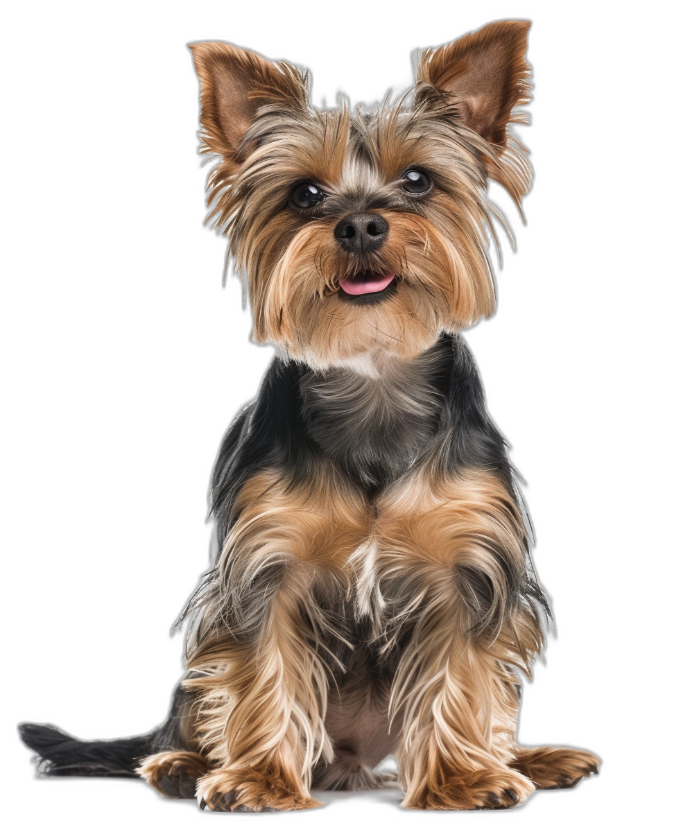 realistic full body portrait of happy Yorkshire Terrier sitting, isolated on black background , digital art painting