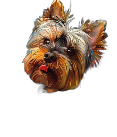 Illustration of a Yorkshire Terrier with a cute face and tongue out in a headshot portrait in the colorful, digital art graphic design style on a black background.