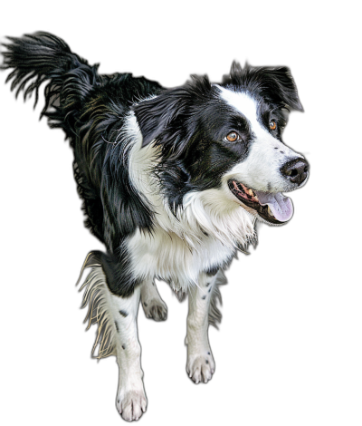 high quality, hyper realistic photograph of full body border collie dog standing on black background with tongue out and happy face.