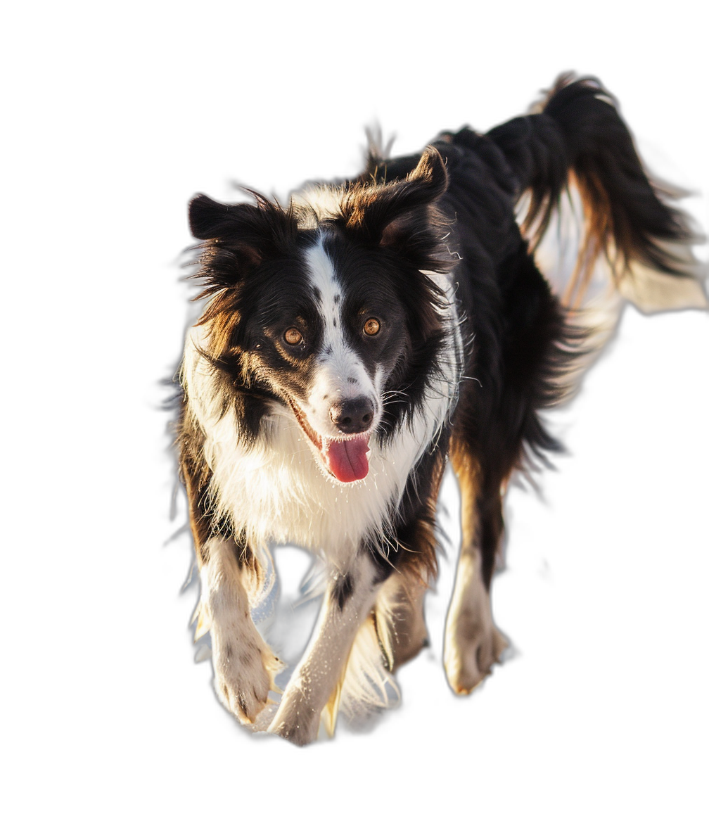 A full body shot of happy smiling Border Collie running towards the camera on black background, hyper realistic photography