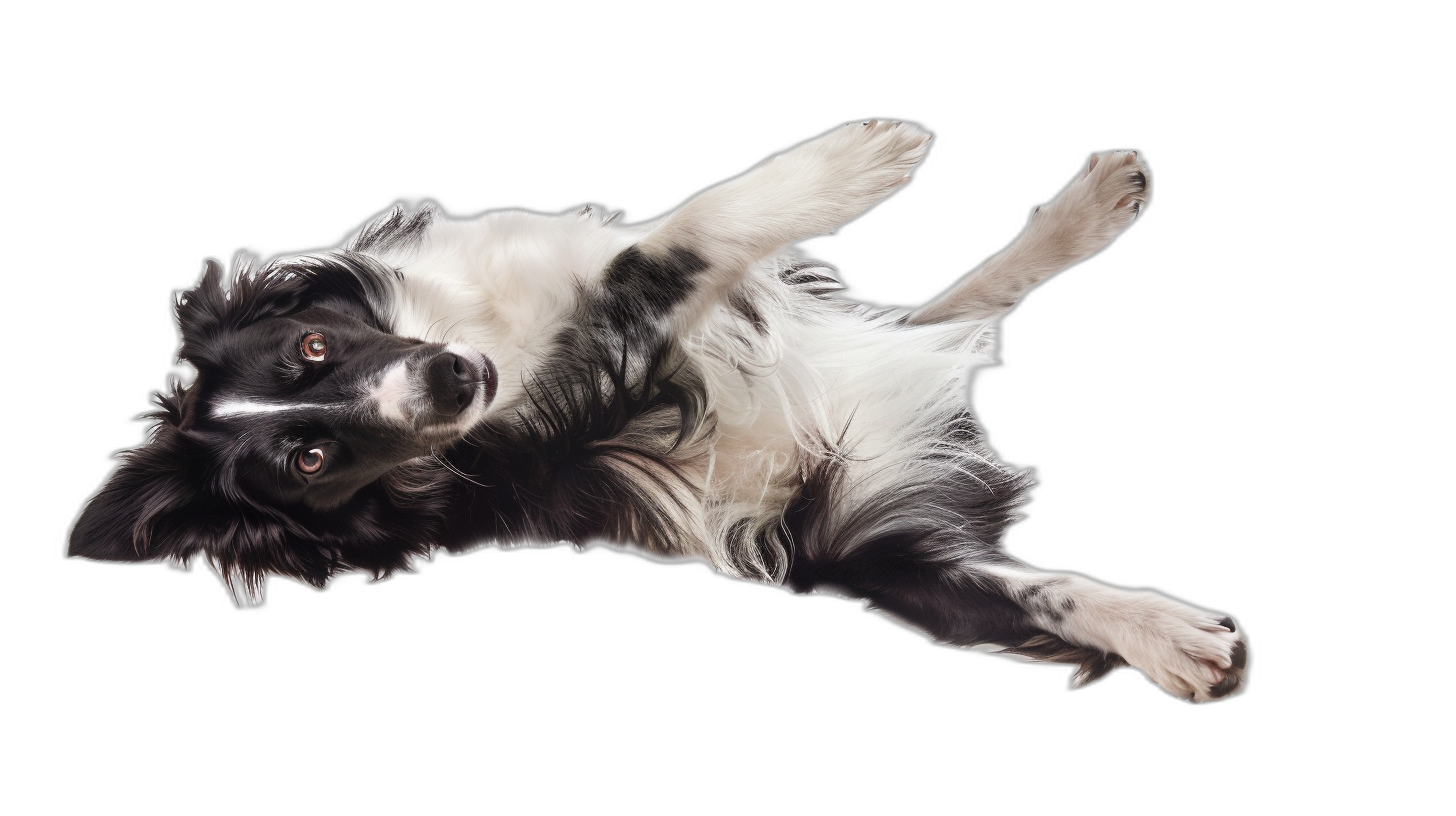 A realistic border collie dog is lying on its back, floating in the air with its paws spread out and looking up against a black background. The photo was taken from above. High resolution, high quality, sharp focus, studio photography. The image is in the style of studio photography.