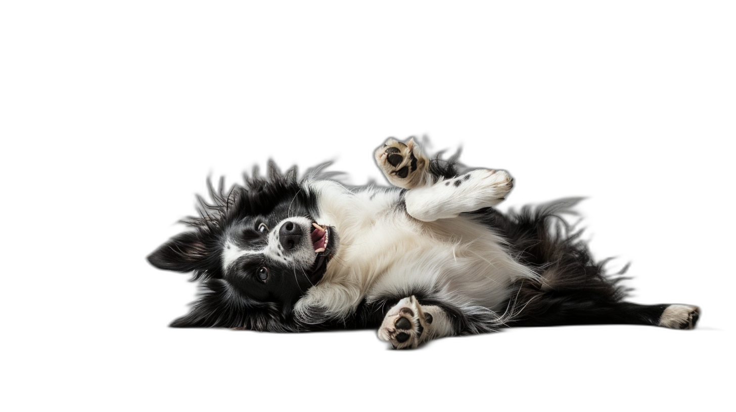 A black and white border collie lying on its back, with its paws in the air, playing happily, on a pure dark background, shot from above, studio photography, studio lighting, hyperrealistic, high resolution photography, in the style of hyper realistic, in the style of hyper detailed