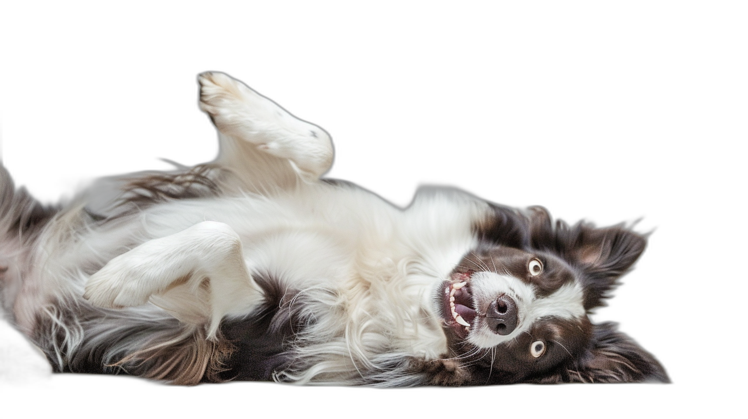 A border collie dog rolling around and laughing on a black background, award winning photography, professional color grading, soft shadows, no contrast, clean sharp focus digital photography in the style of digital photography.