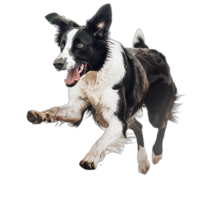 A realistic photo of a happy border collie jumping, with a black background, and a white body and face with some grey on the back paws. It is a full-length portrait with studio lighting, sharp focus, and good exposure. The photo was shot at high resolution in the style of a studio portrait.