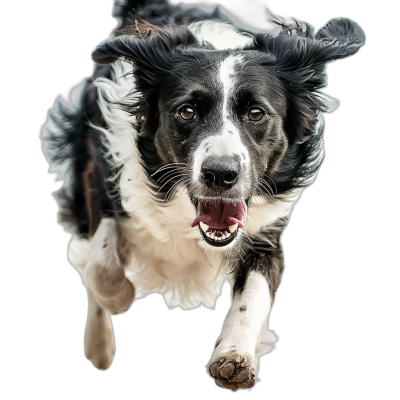 A black and white border collie is running towards the camera with a happy expression and open mouth against a black background in the style of hyper realistic photography.