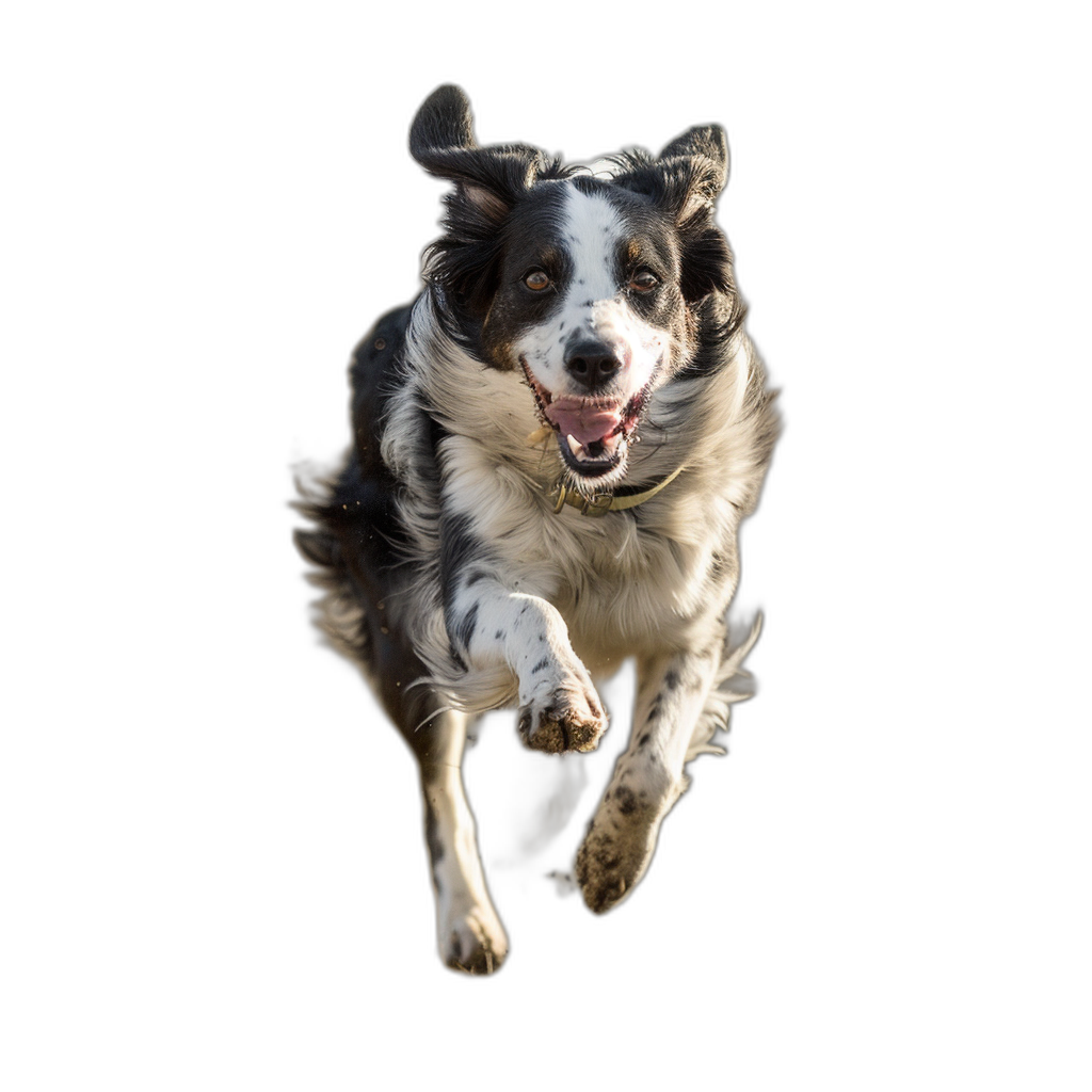 A realistic photo of an smiling border collie jumping in the air, black background, studio light, high resolution photography