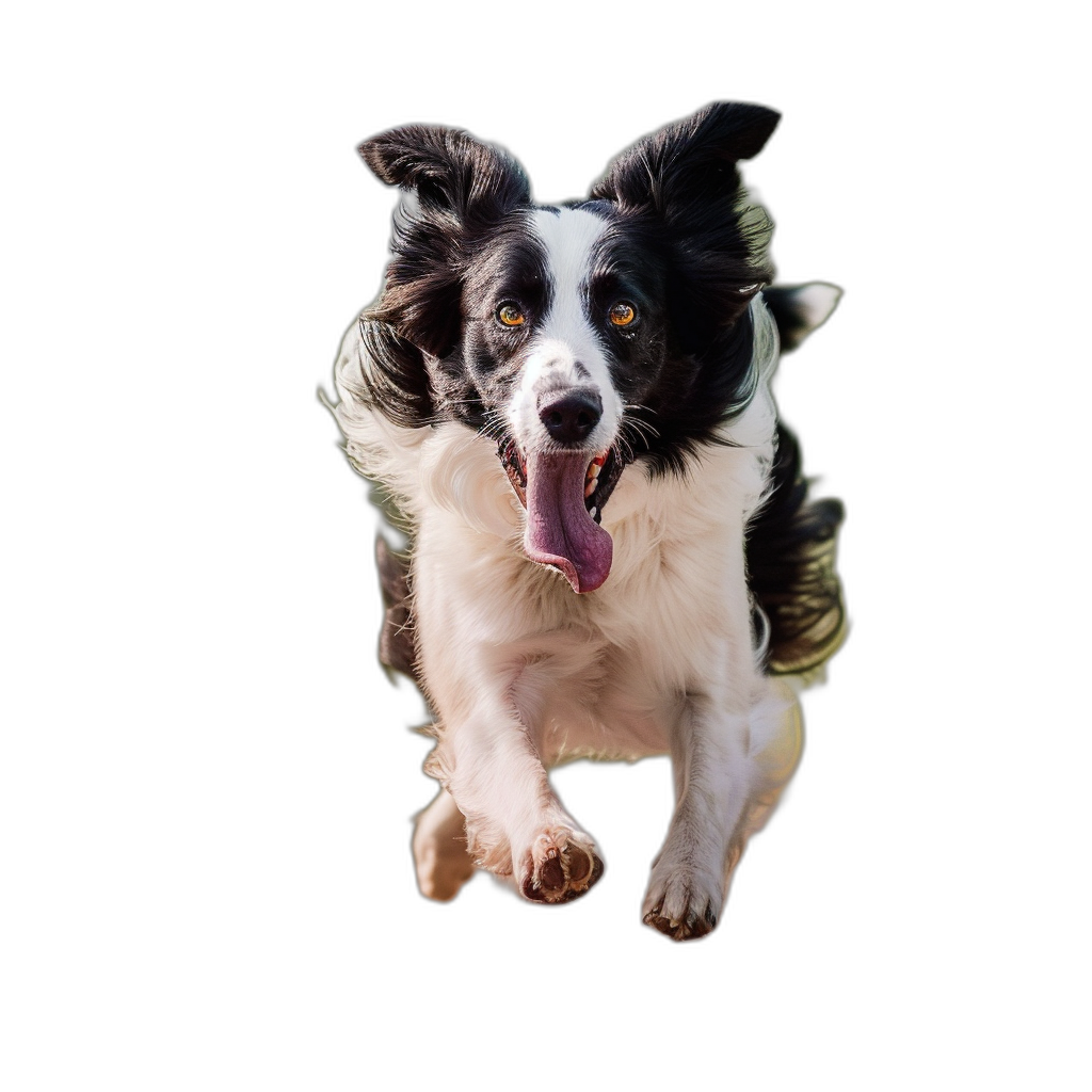 A border collie is jumping towards the camera, isolated on a black background, in the style of hyper realistic portrait photography.