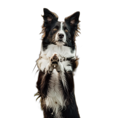 A realistic photo of an border collie dog standing on its hind legs, holding up one paw with his front paws together in the air, on black background, studio photography, high contrast