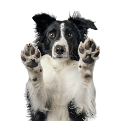 A cute border collie dog is holding up its front paws with his two hands, full body portrait photography, high definition details, solid black background