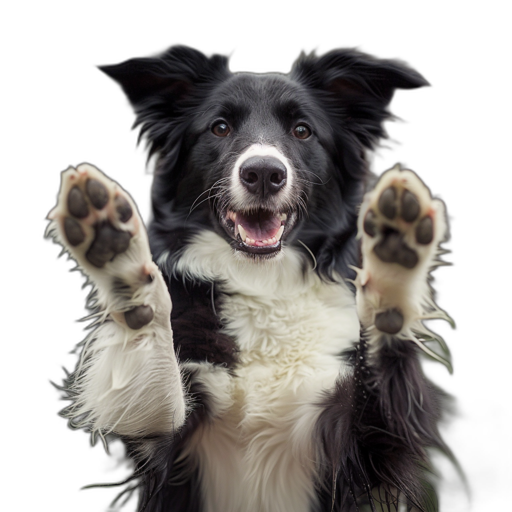 A happy smiling border collie dog with his paws up in the air against a black background in the style of photography.