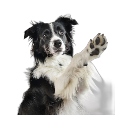 high resolution photograph of an adult black and white border collie holding up one paw in the style of a high five, isolated on a solid black background, professional studio photography, bright and airy