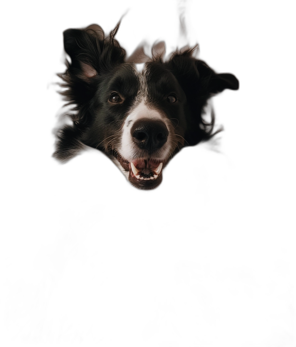 A realistic happy border collie floating in the air, black background, symmetrical face, top view, head shot, closeup of eyes and mouth, dark tones, mysterious light effects, high definition photography, front angle, clear details.