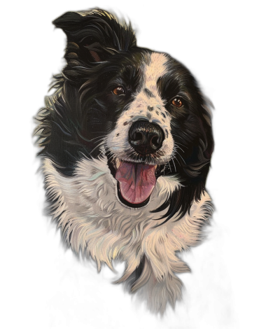 A realistic portrait of an happy border collie dog, black background, detailed, colourful, hand drawn, high resolution