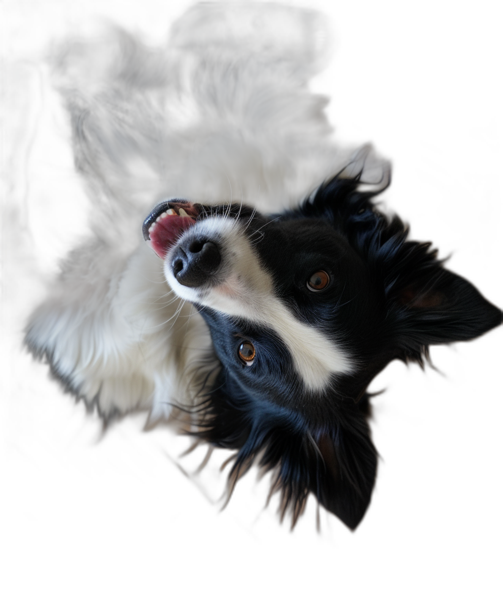 hyperrealistic black and white border collie dog laying on its back with tongue out, viewed from above, on a dark background, with studio lighting, high resolution photography, detailed skin texture, highly detailed picture in the style of studio photography.