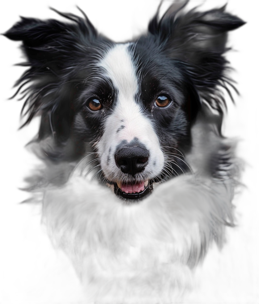 A realistic photo of the front face and head of a border collie with a happy expression against a black background with soft lighting in the style of a raw style.