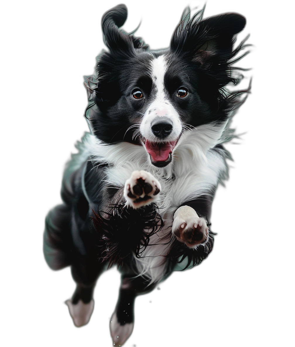 border collie jumping towards the camera, happy expression on face, black background, hyper realistic photography