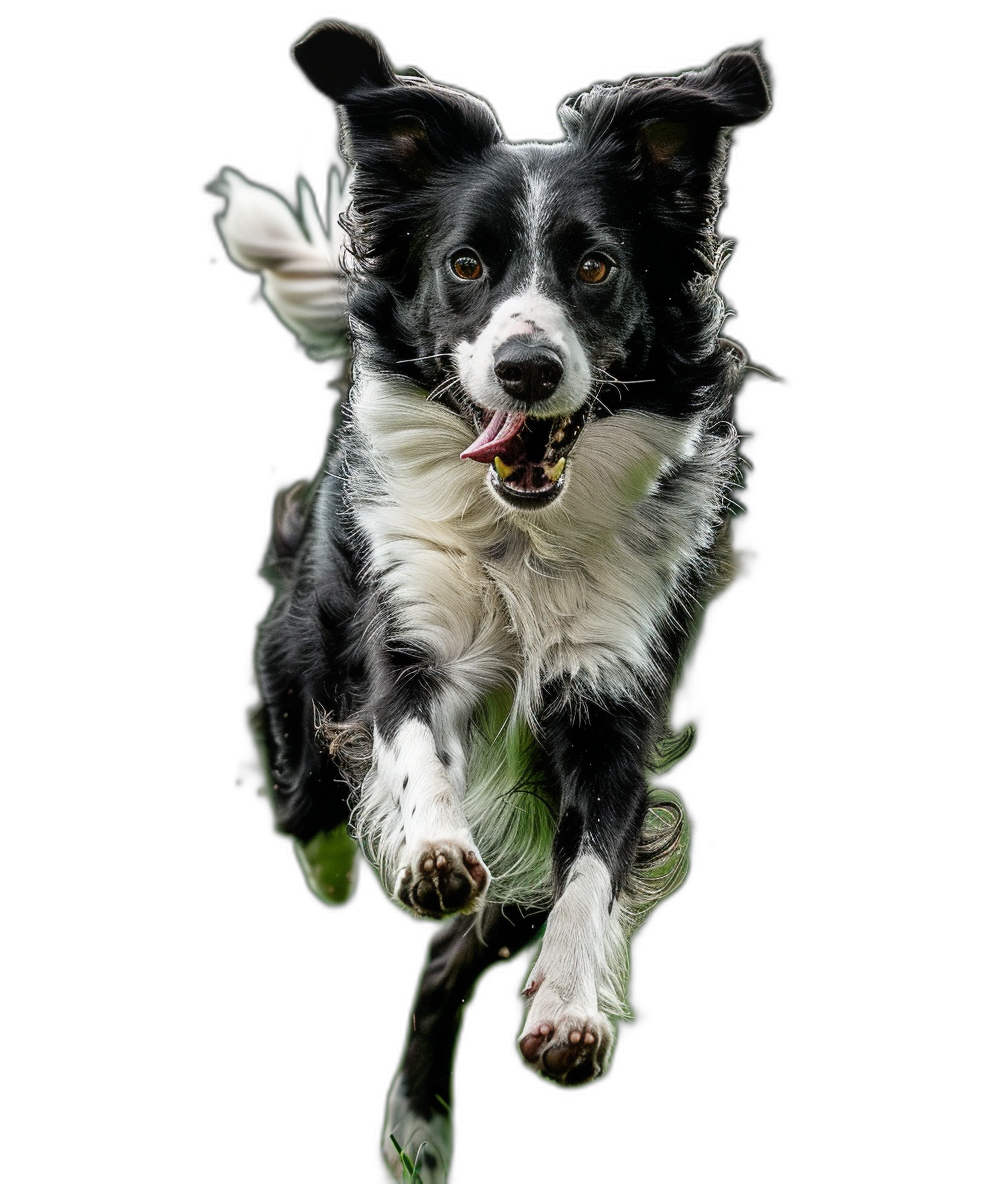 border collie jumping, happy face, black background, hyper realistic photography