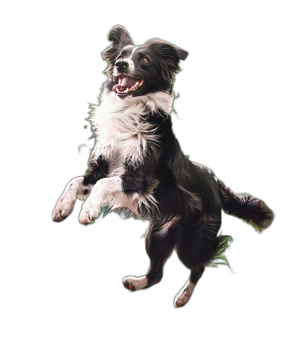 A realistic photo of happy border collie jumping in the air, full body shot, black background, high definition, hyperrealistic