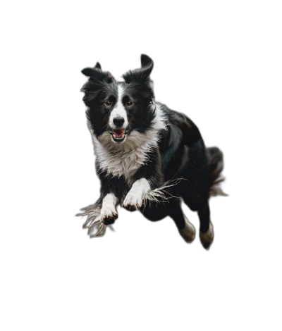 border collie jumping, happy face, black background, hyper realistic photography