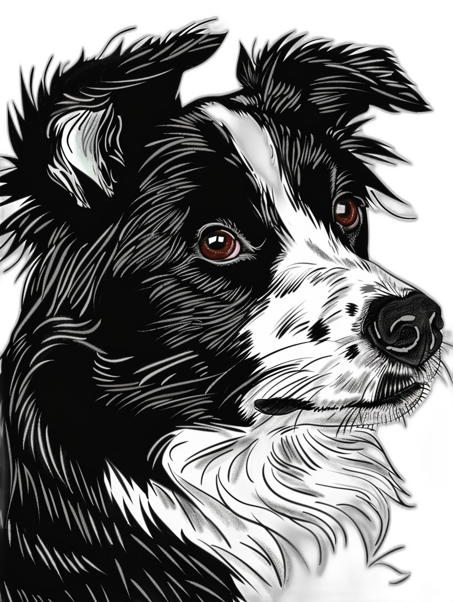 black and white vector drawing of an adorable border collie, detailed closeup portrait, on a black background, in the style of vector art, bold lines, high contrast, strong shadows, vibrant colors, simple shapes, clear outlines, a digital illustration, a sketchy appearance, sharp edges, high resolution, high definition, high quality, high detail, in the style of hyperrealism, hyperdetailed, hyperrealism, hyperphotorealistic, hyperfine details, hyperbright, hyperwhite lighting, hypercolorful, hyperresolution.