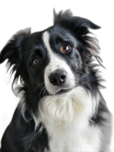 A realistic portrait of an adorable Border Collie, capturing its lively and curious expression with detailed fur texture against the stark black background. The dog's ears stand upright while looking directly at camera, adding to its charming appearance. Focus on high detail in facial features for a lifelike representation. A highly detailed photograph in the style of hyperrealistic photo.