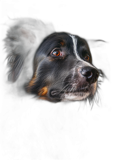 An image of the face of a cute border collie dog, looking up with light in its eyes, a closeup portrait against a black background in the style of hyper realistic photography.