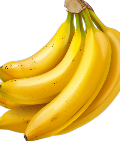 A bunch of yellow bananas in closeup against a black background. The illustration is in the vector style with high resolution, rich details, and color contrast. It contains high quality illustrations with high definition and details. The bananas appear ultra detailed with high picture quality on a black background. One banana appears to be a 3D rendering with water droplets on it, in the style of a fresh banana.