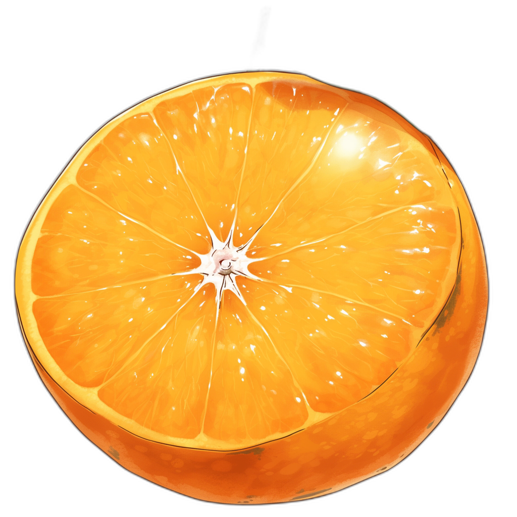 draw an orange in the style of realism, top view, against black background, high resolution, high detail, hyper realistic, ink painting, digital art