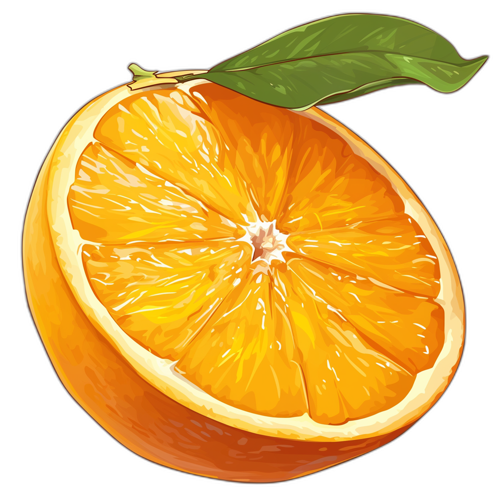 Sliced orange vector illustration with leaf on black background, vector art illustration style, cartoon realism, high resolution, high detail, clipart, isolated on white background, no shadows under the object, high quality