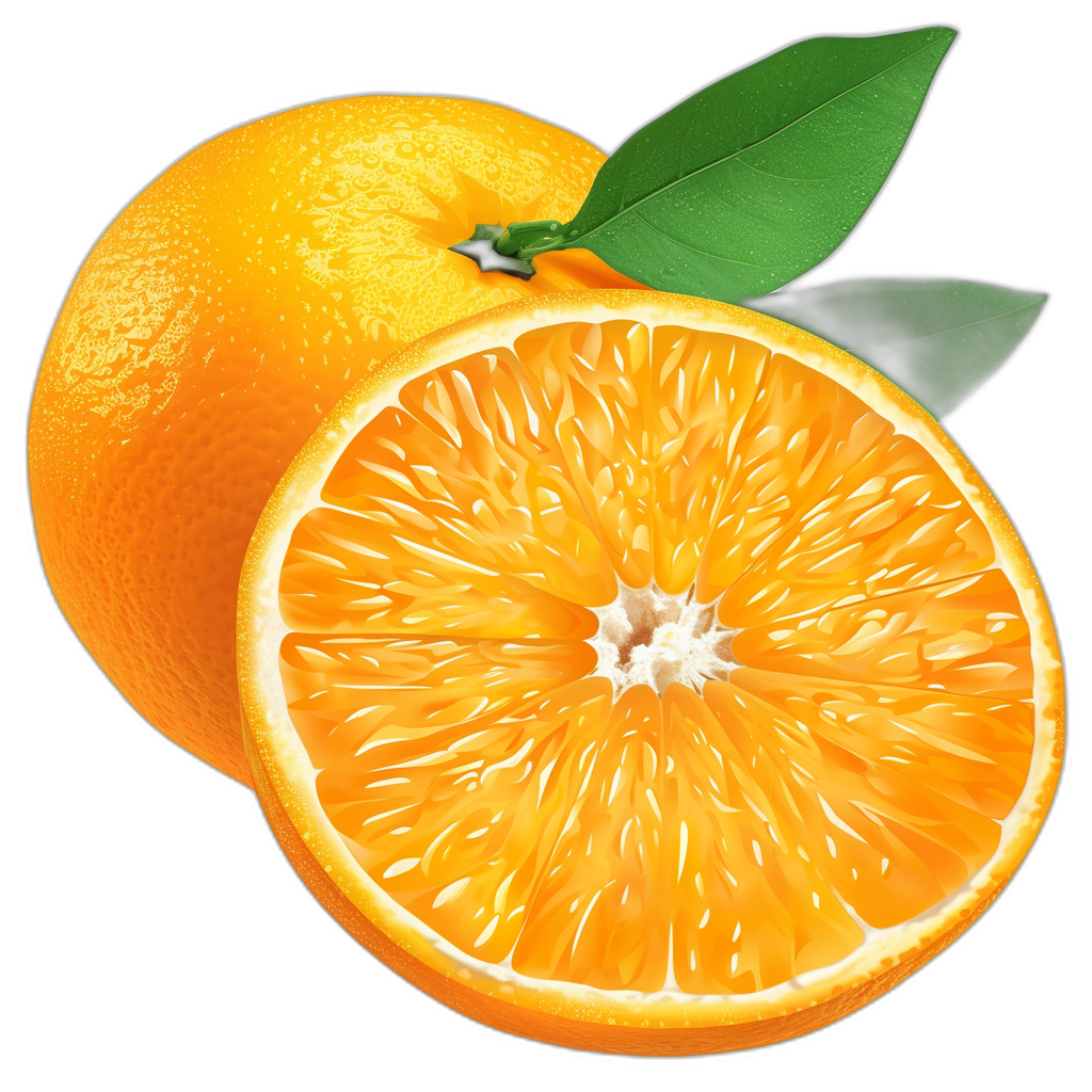 Scented orange, cut in half with green leaves on the top and bottom on an isolated black background. The whole is in the style of hyperrealistic. Orange color with detailed texture. A bright orange that shines like glass, with the core visible inside. High resolution. Perfect for commercial use. Hyperdetailed, high resolution photography.