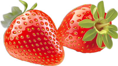 Two realistic strawberries, closeup, black background, in the style of cartoon, vector illustration, colorful, high resolution, clear lines and details, no shadows in the picture.