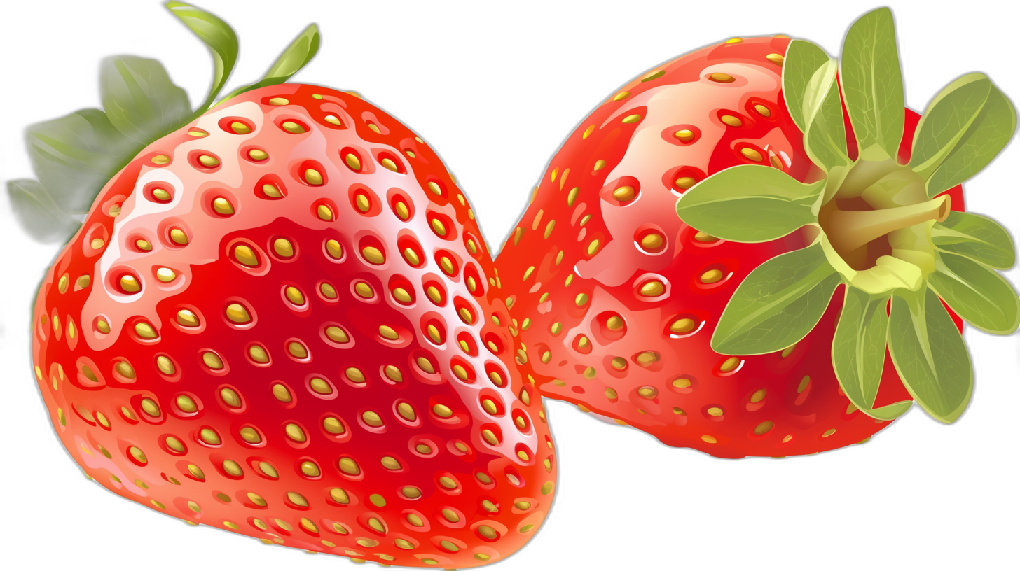 Two realistic strawberries, closeup, black background, in the style of cartoon, vector illustration, colorful, high resolution, clear lines and details, no shadows in the picture.