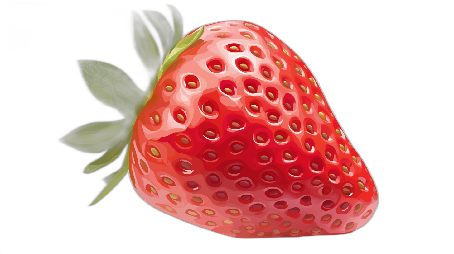 A realistic illustration of strawberries in the style of digital vector art on a black background with a bright color scheme and vibrant color palette including a hint of a green leaf. The image is high resolution and professionally photographed.